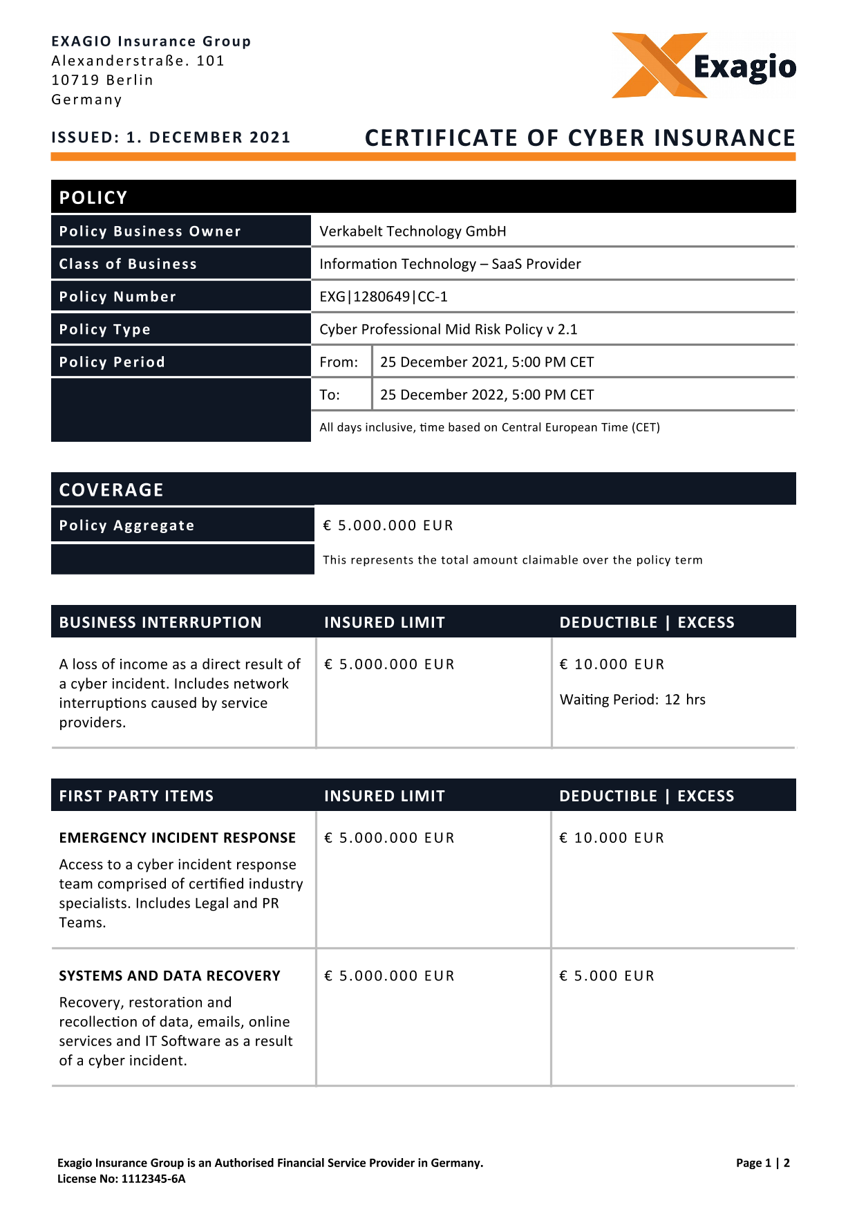 Cyber Insurance Certificate